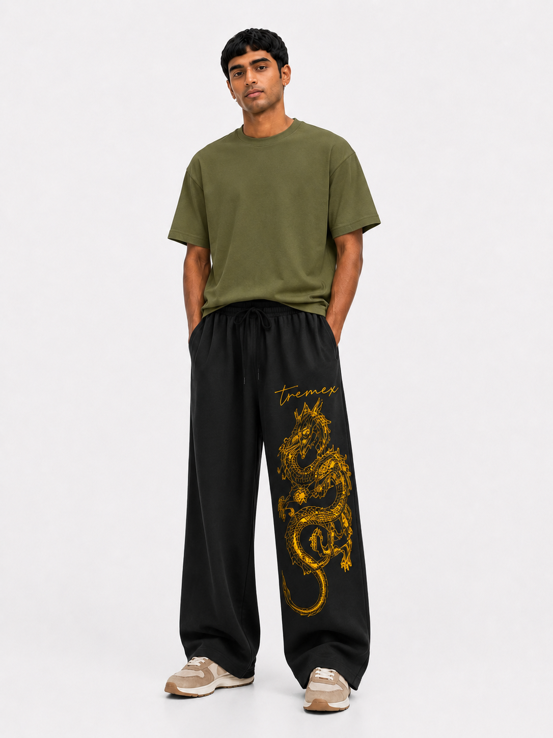 Dragon Print Baggy Sweatpants – Black