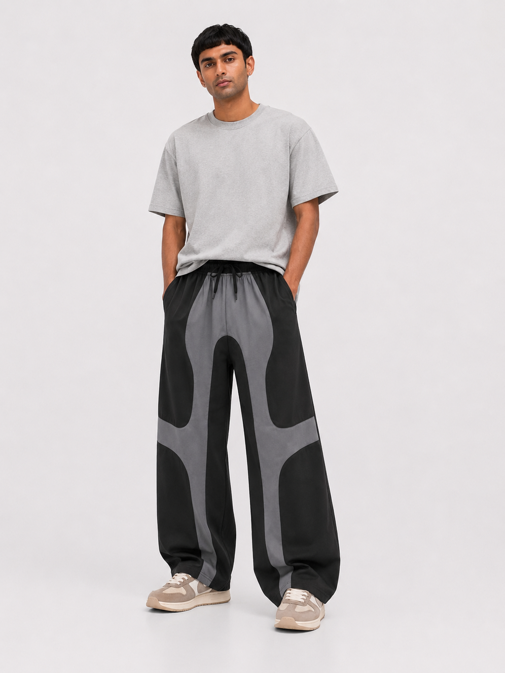 Wave Panel Baggy Track Pants – Grey & Black
