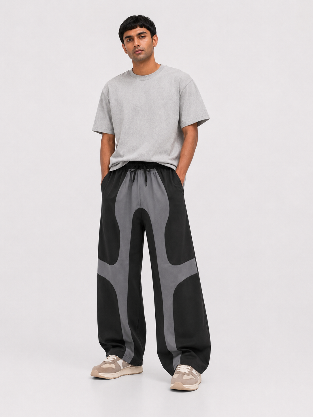 Wave Panel Baggy Track Pants – Grey & Black