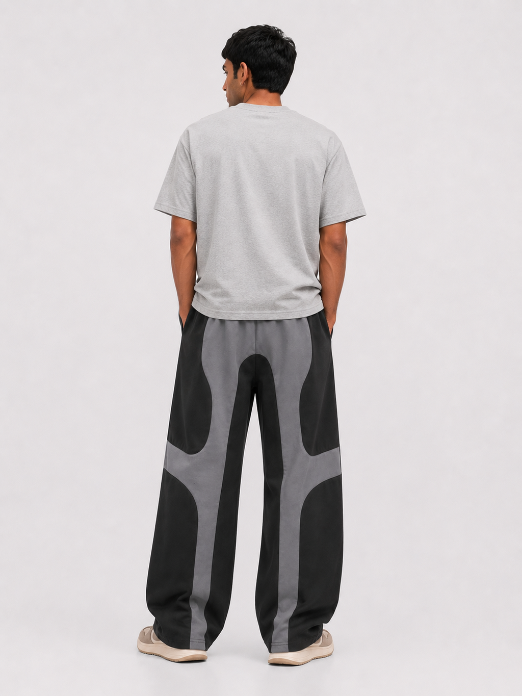 Wave Panel Baggy Track Pants – Grey & Black