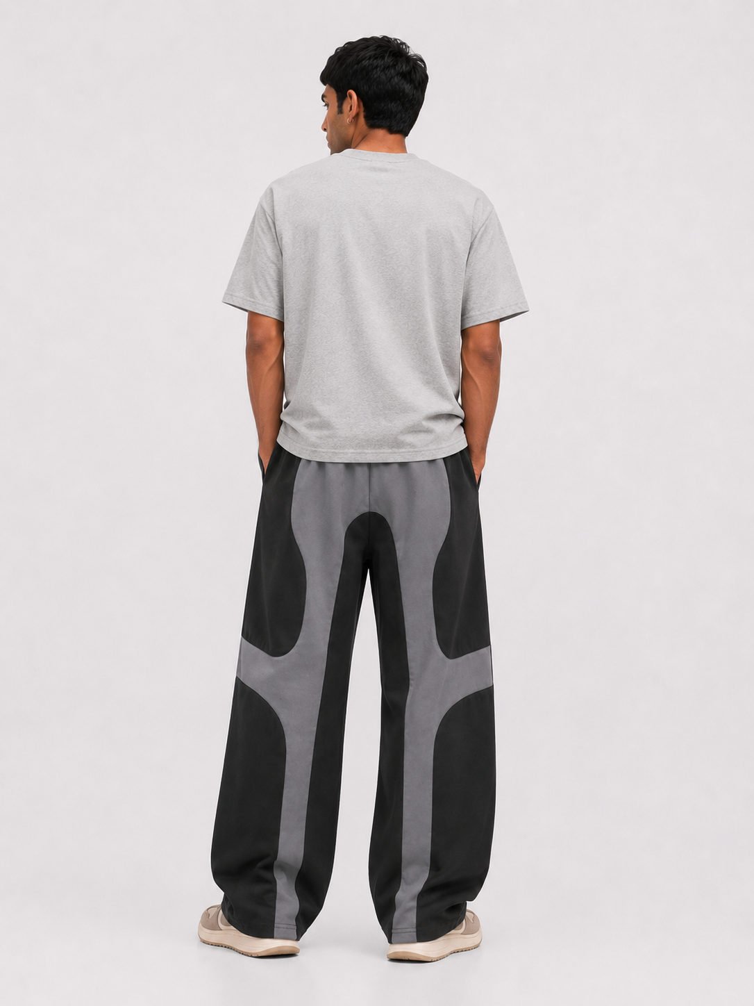 Wave Panel Baggy Track Pants – Grey & Black