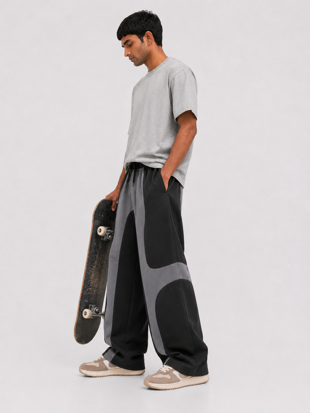 Wave Panel Baggy Track Pants – Grey & Black