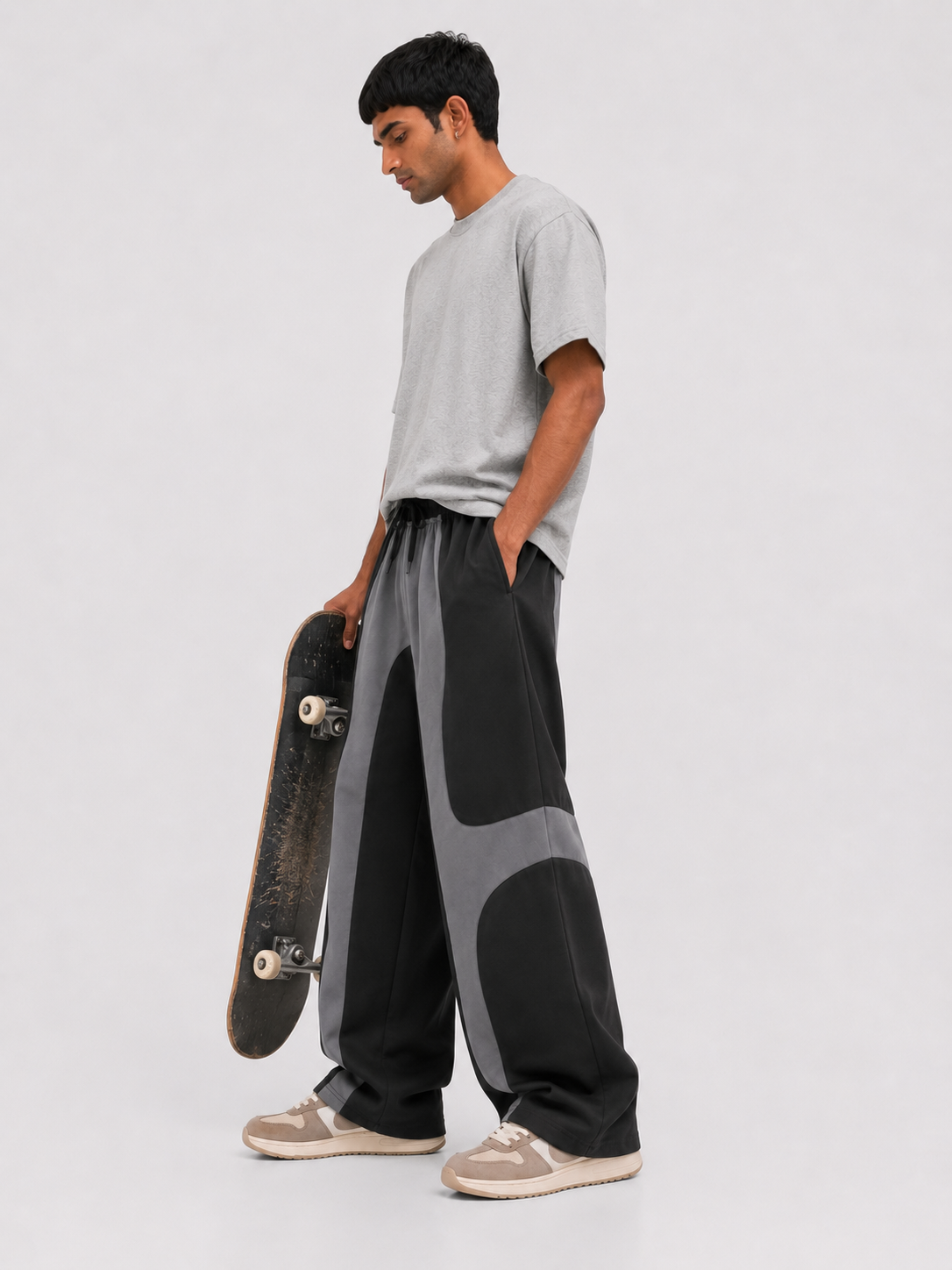 Wave Panel Baggy Track Pants – Grey & Black