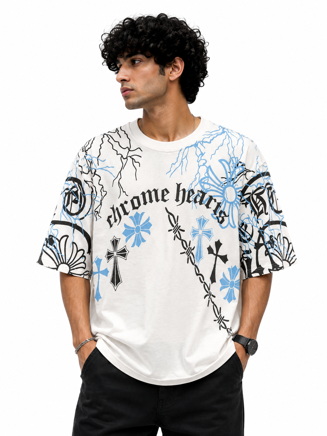 Gothic Cross & Lightning Graphic Tee - White