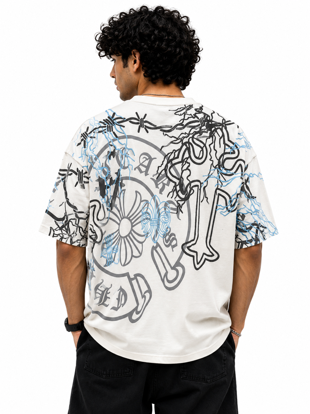 Gothic Cross & Lightning Graphic Tee - White