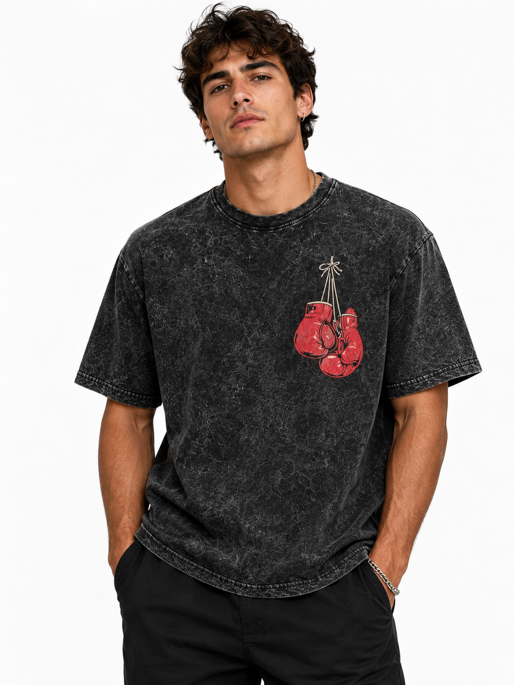 Boxing Gloves Graphic Acid Wash Oversized T-Shirt - Black