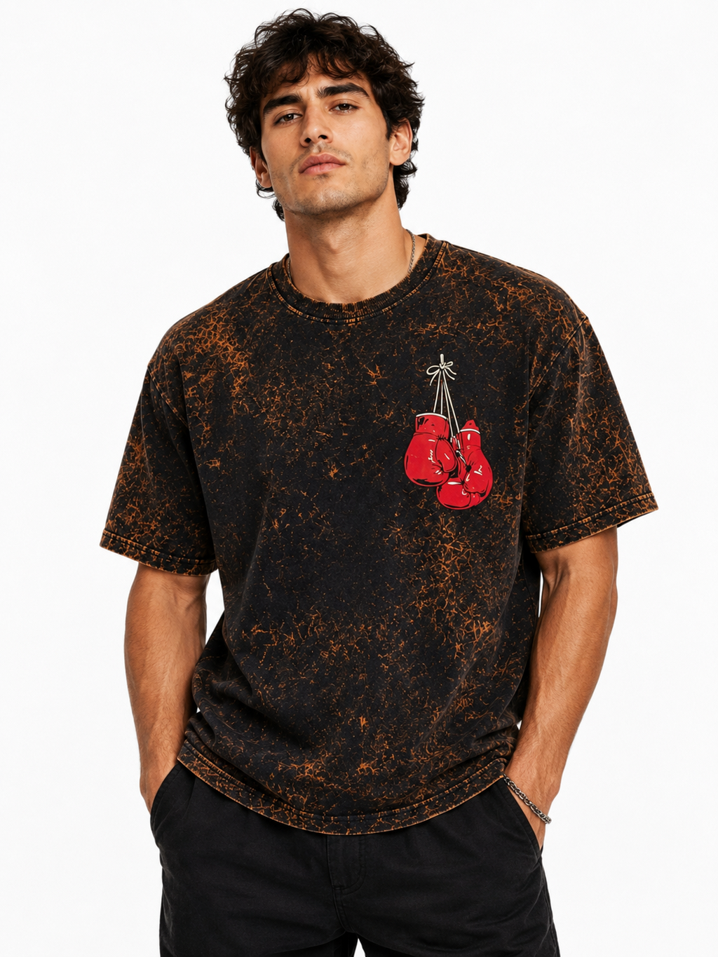 Boxing Gloves Graphic Acid Wash Oversized T-Shirt - Brown