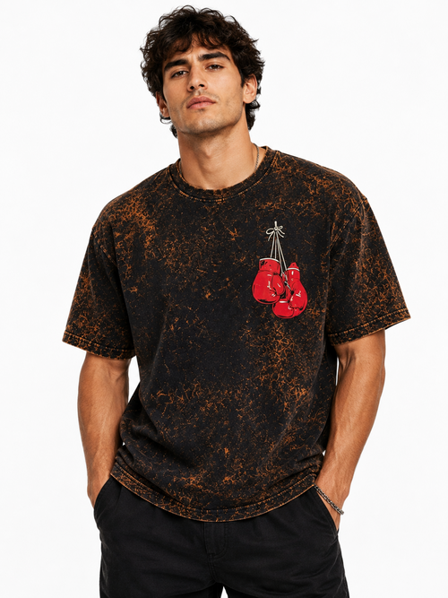 Boxing Gloves Graphic Acid Wash Oversized T-Shirt - Brown