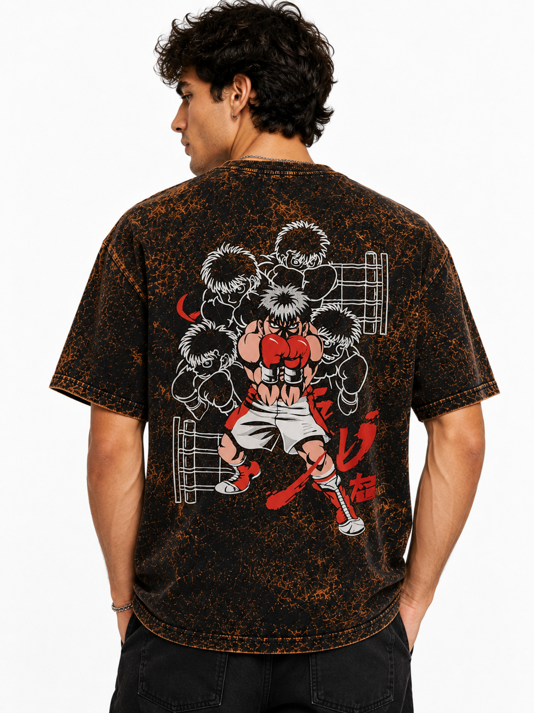 Boxing Gloves Graphic Acid Wash Oversized T-Shirt - Brown
