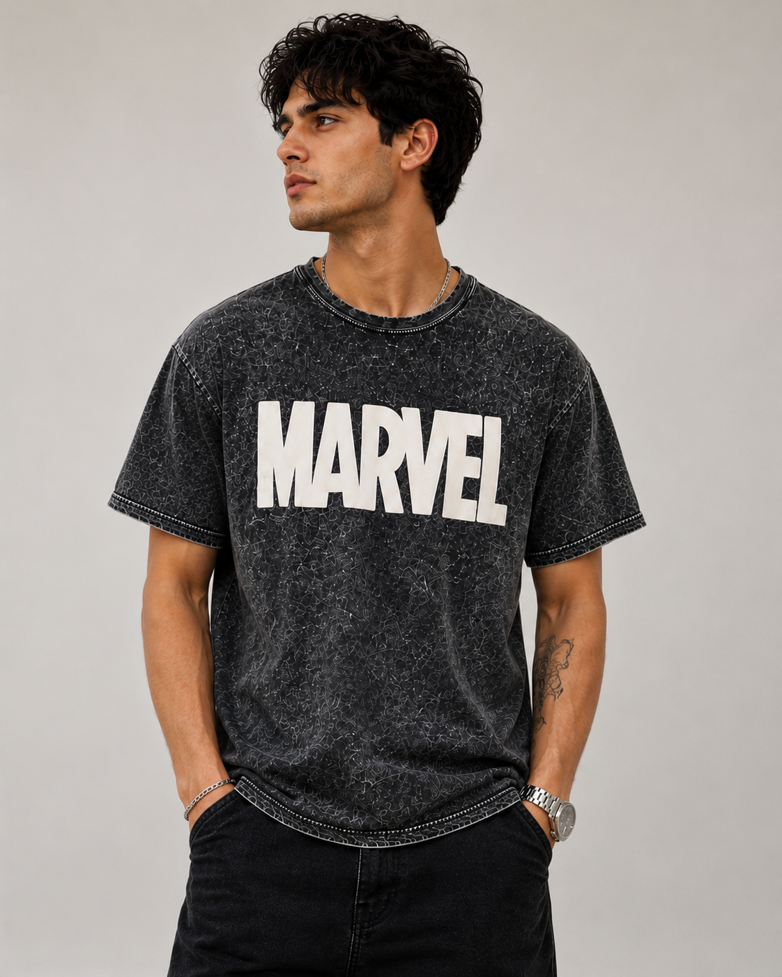 Marvel Logo Acid Wash Oversized T-Shirt - Black