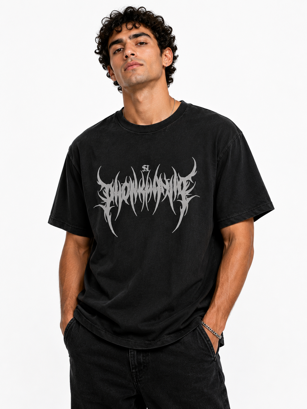 Gothic Metal Text Oversized T-Shirt - Black