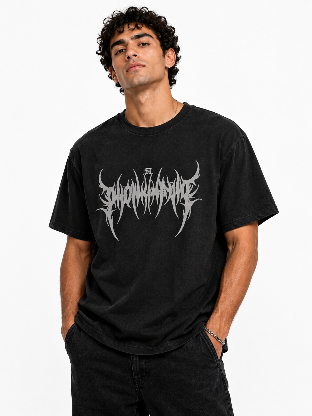Gothic Metal Text Oversized T-Shirt - Black