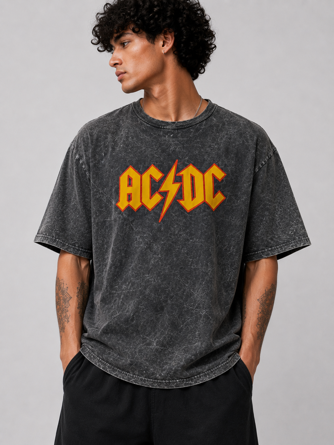 AC/DC Logo Acid Wash Oversized T-Shirt - Black