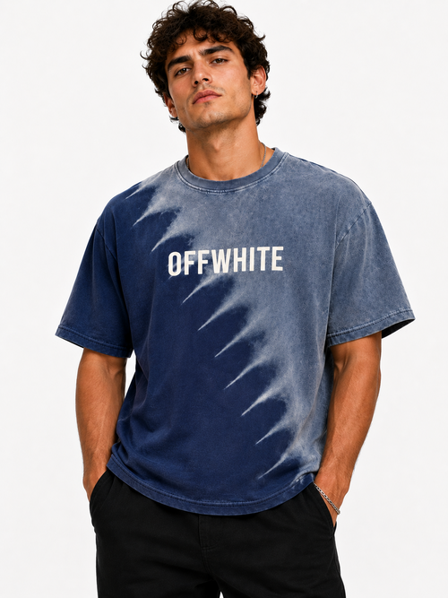 Bold Text Acid-Wash Tee - Navy