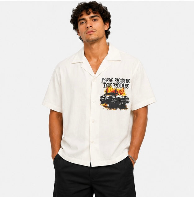 Burning Car Graphic Camp Shirt